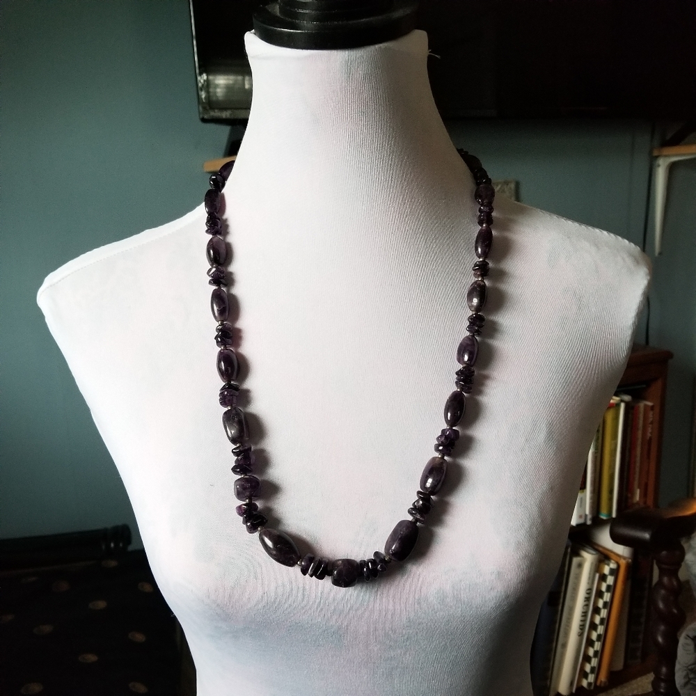 Relisted -Amethyst gemstone bead necklace purple real stone long strand silver - Picture 2 of 10